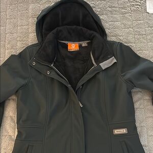 Black Hooded Fleece Lined Rain Jacket with Logo Patch